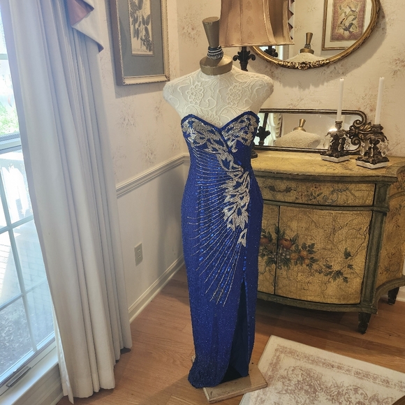 Della Roufogali Dore Fully Beaded Royal Blue & Silver 90s Evening Gown 4 Small - Picture 7 of 11